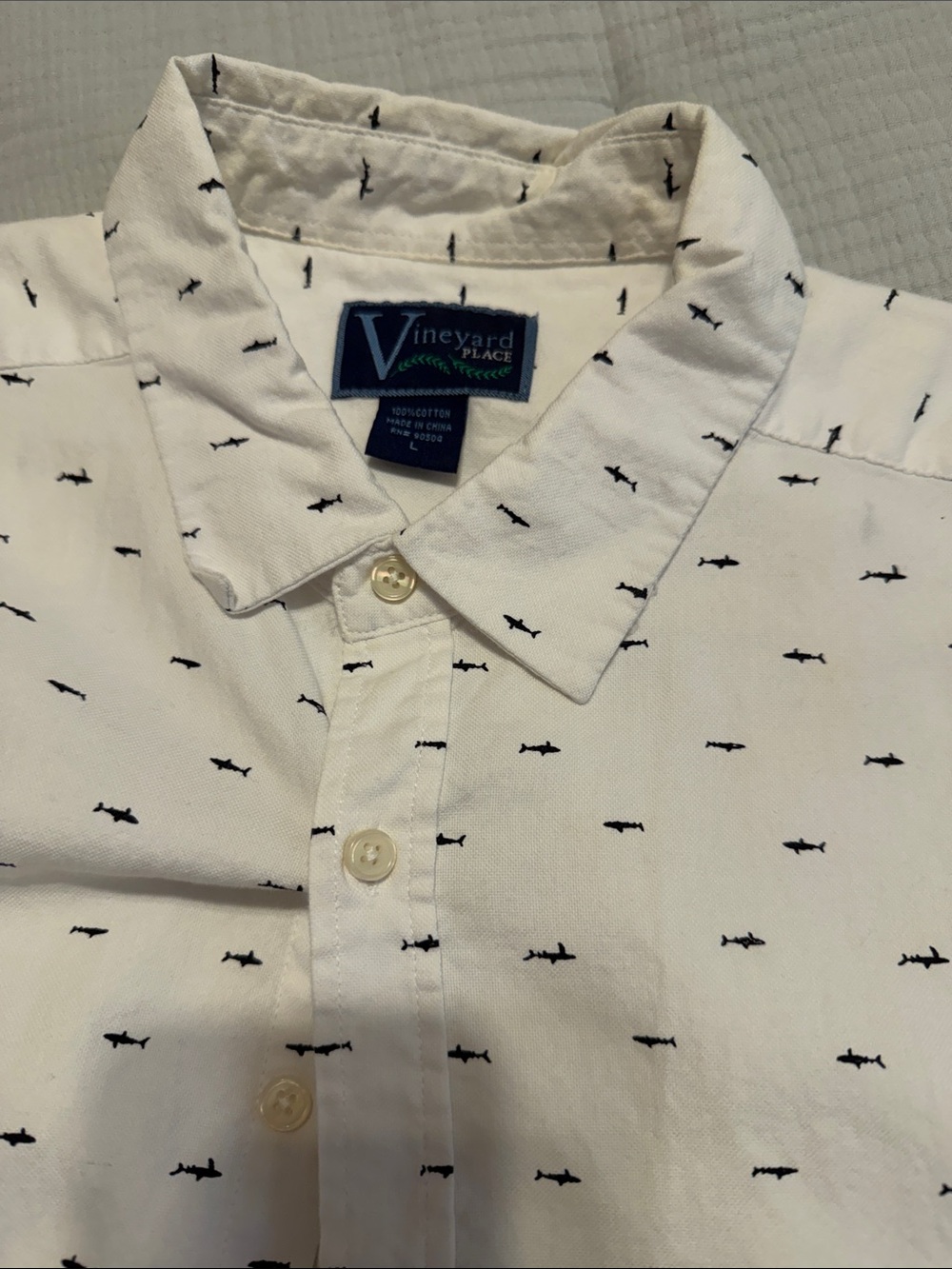 Vineyard Place Men’s White Short-Sleeve Button-Down with Navy Shark Print